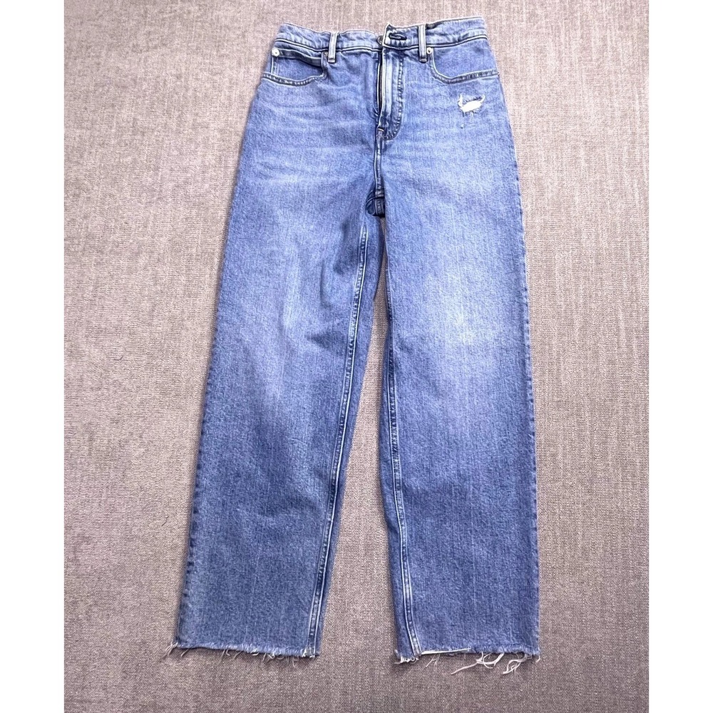 Everlane The Way High Straight Leg Jeans Women 27R Blue Denim Distressed Raw Hem